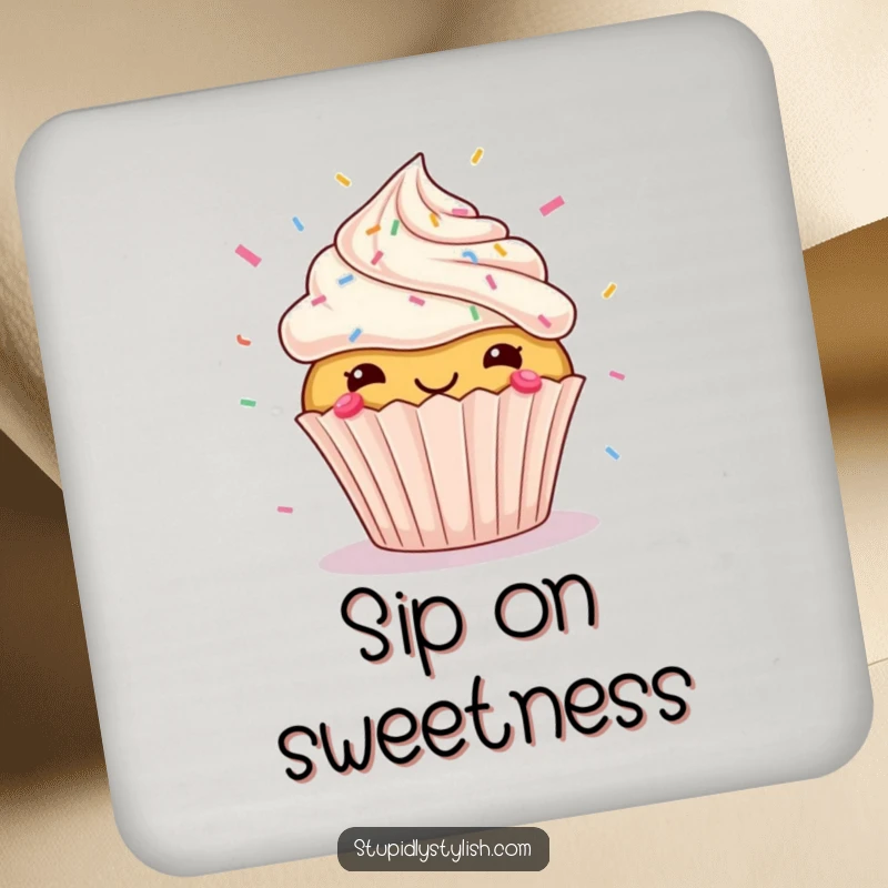 Funny drink coaster with a cheerful cupcake and its sprinkles flying dramatically, adding a humorous and protective element to your drink station.