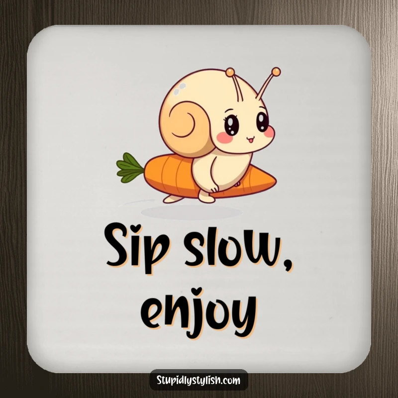Funny drink coasters featuring a determined snail racing a carrot, offering playful protection for surfaces.