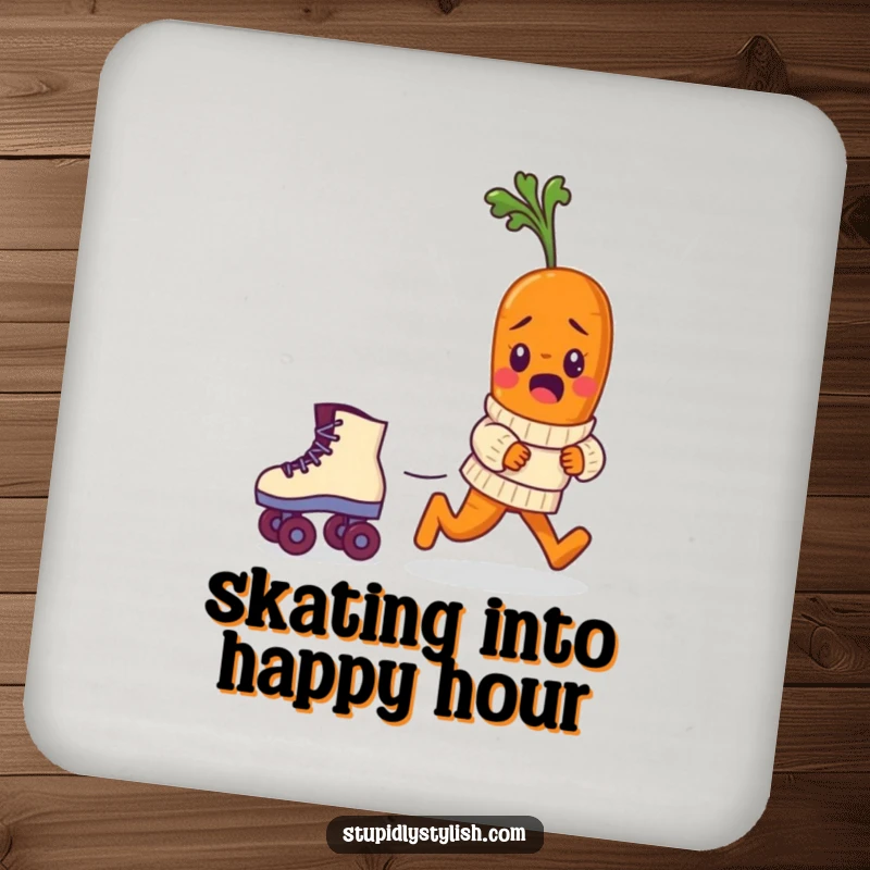 Funny drink coaster with a bewildered baby carrot in a sweater chasing a runaway roller skate, a humorous and functional accessory.