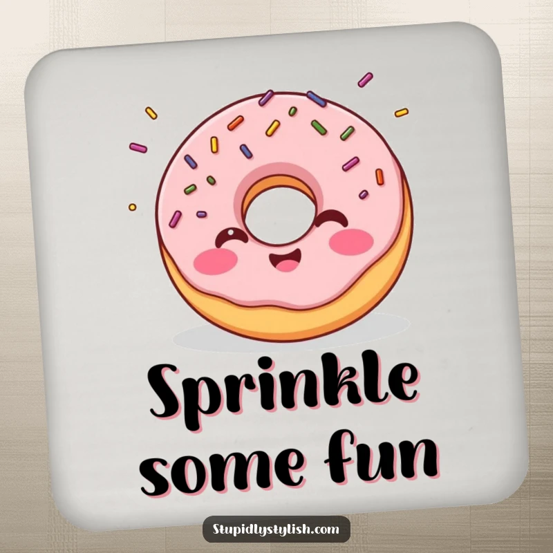 Funny drink coaster with a giggling donut and flying sprinkles, protecting surfaces with sweet treat charm and humor.