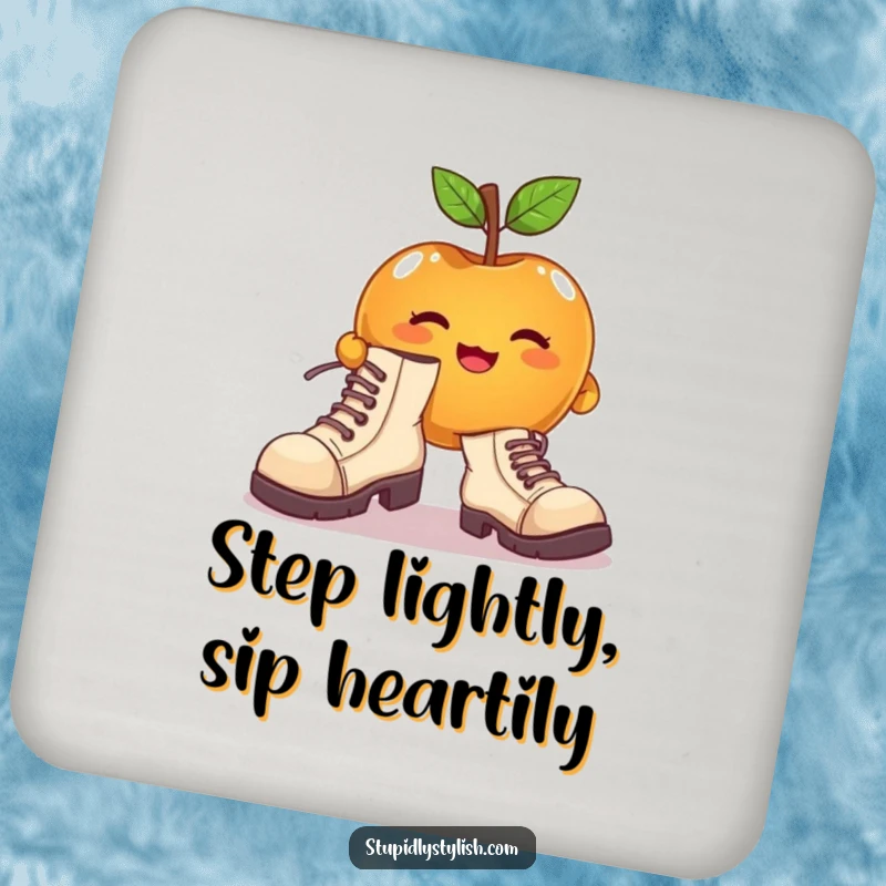 Funny drink coaster with a cute apple character attempting to wear enormous, mismatched shoes, adding quirky charm.