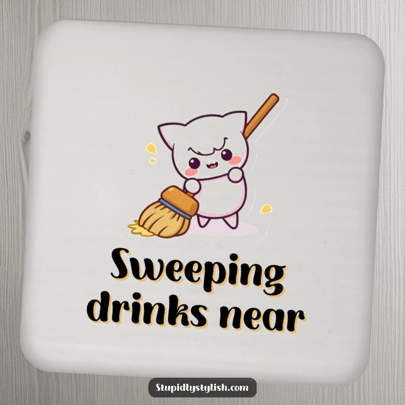 Funny drink coasters featuring a mischievous broom humorously sweeping itself away, offering playful protection for surfaces.