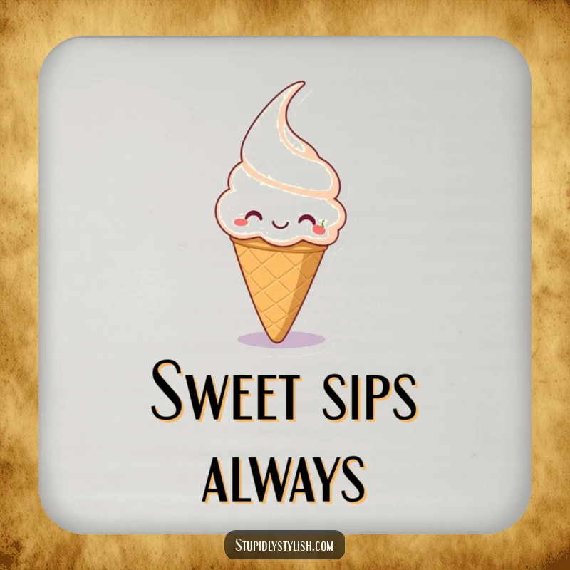 Funny drink coaster with a grinning ice cream cone trying to catch a cherry, perfect for adding sweet fun.