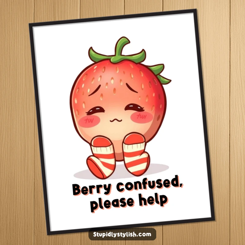 Funny poster of a blushing, confused strawberry wearing mismatched socks, bringing adorably awkward charm to any wall.