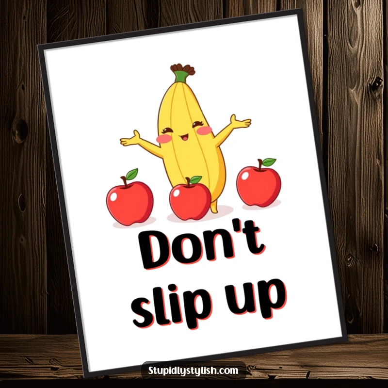 Funny poster artwork of a blushing anthropomorphic banana in a precarious juggling attempt with three apples, full of comedic tension.
