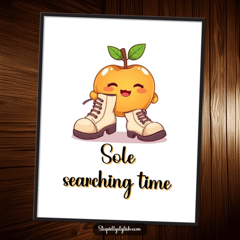 Funny poster featuring a cute apple character attempting to wear enormous, mismatched shoes, a whimsical art piece.