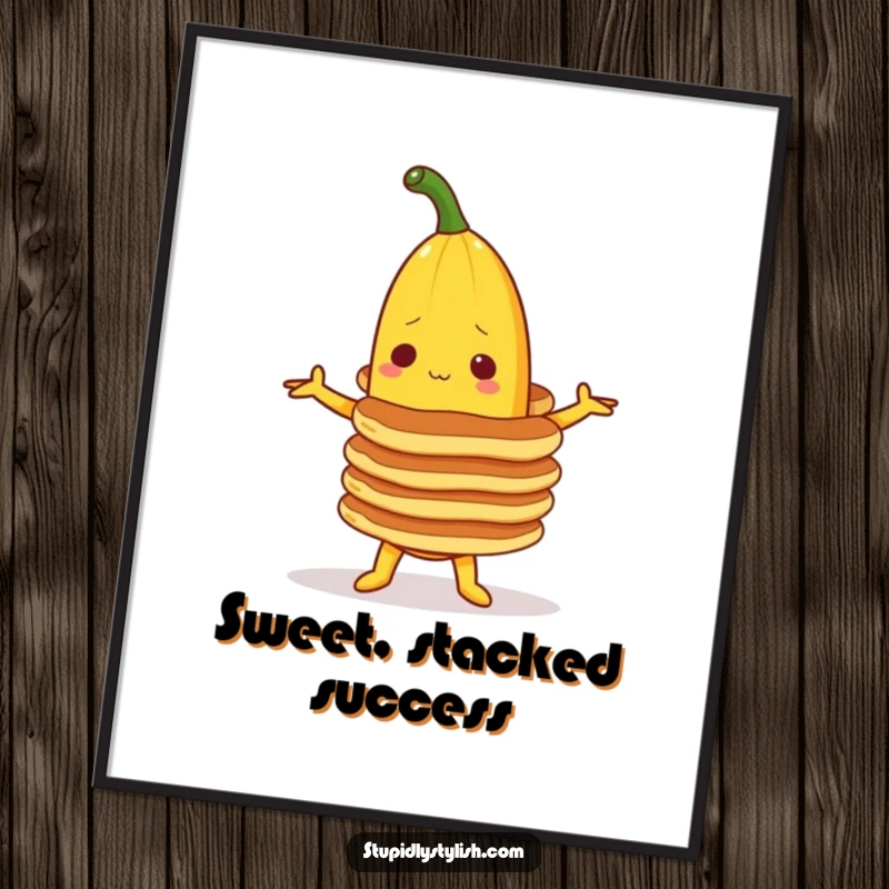 Funny poster art of a banana character struggling to balance a stack of pancakes, capturing a humorous and relatable breakfast moment.