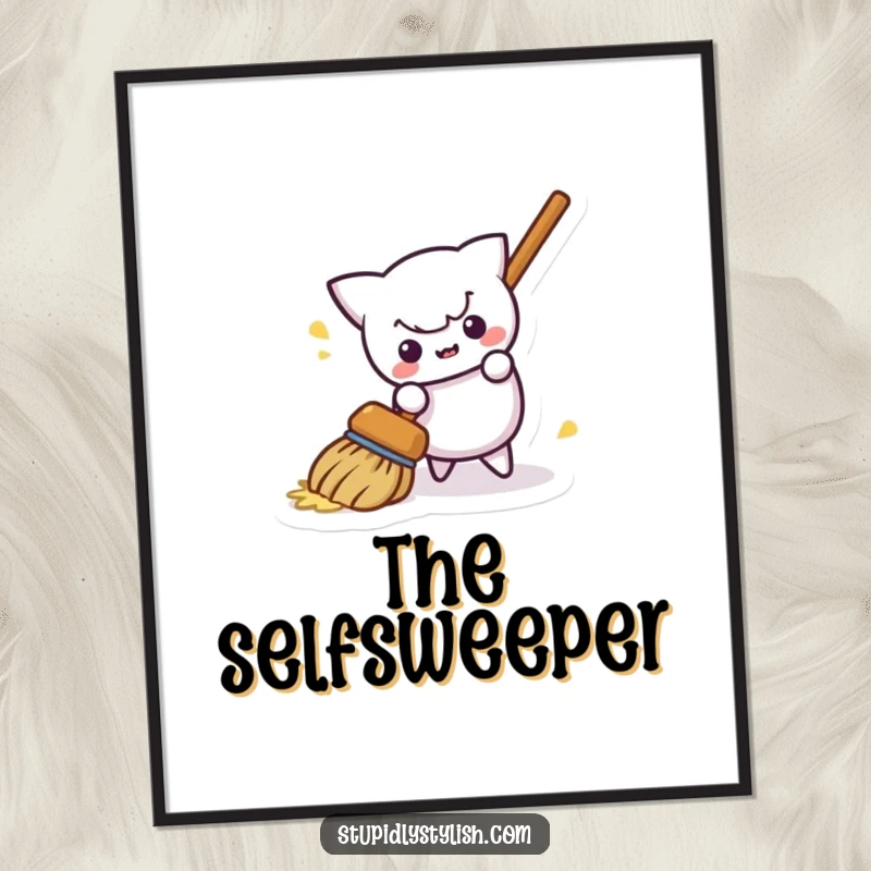 Funny poster depicting a mischievous broom engaged in the act of sweeping itself away, adding a whimsical touch to decor.