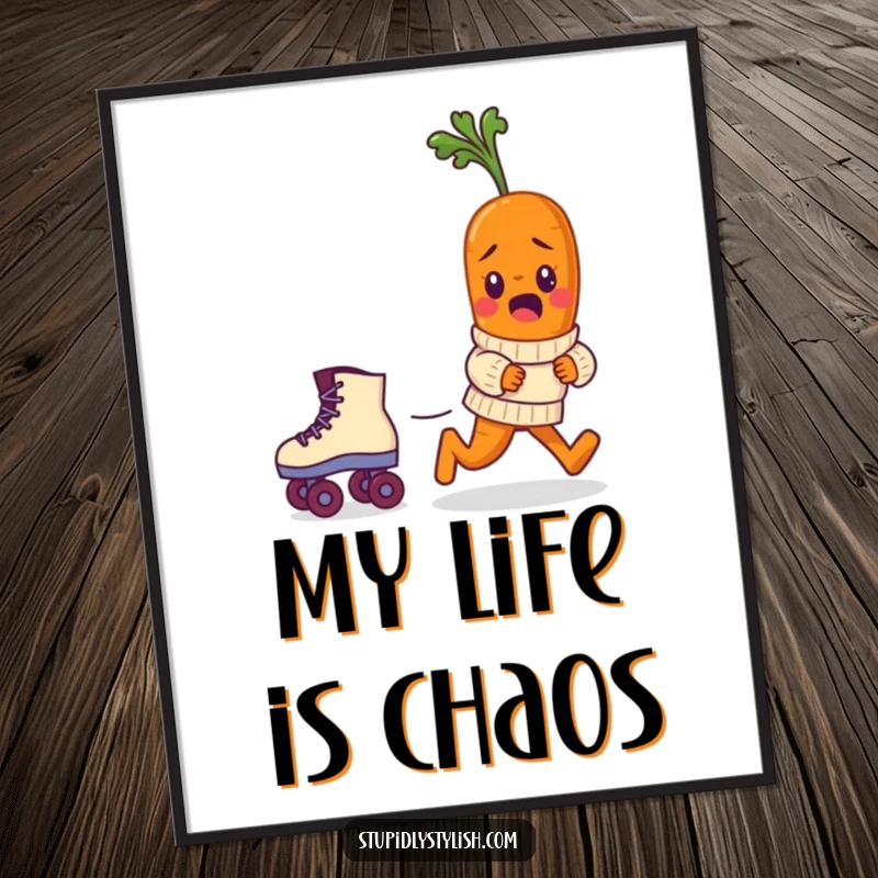 Funny poster depicting a bewildered baby carrot in a sweater comically chasing a runaway roller skate, whimsical wall art.