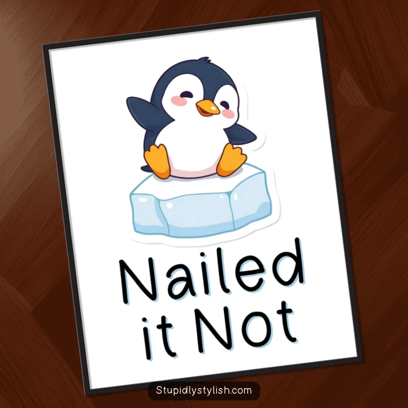 Funny poster print of a clumsy penguin comically slipping on an ice cube, adding humorous decor and personality.