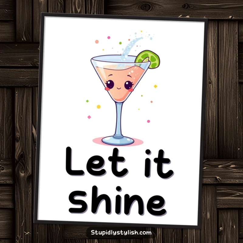 Funny poster: A dynamic cocktail glass character dancing energetically, with trails of colorful glitter accentuating the movement.
