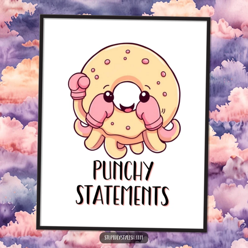 Funny poster art of a cheerful donut wearing boxing gloves on its tentacles, striking a playful, ready pose.