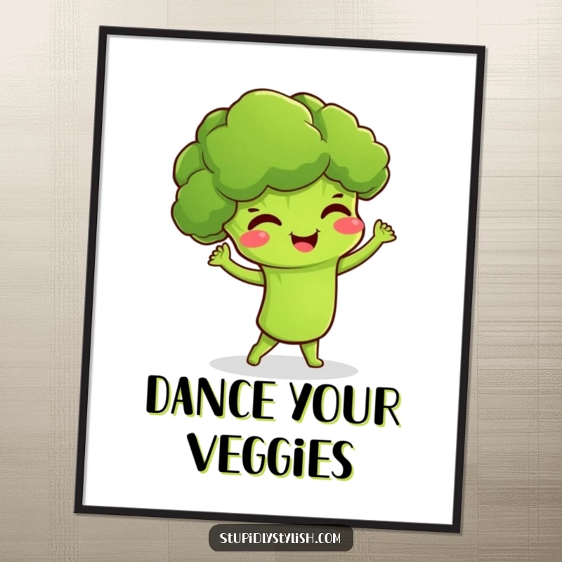Funny poster print of a giggling broccoli character performing a hilarious dance move, bringing a fun, energetic vibe.