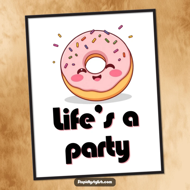 Funny poster of a giggling donut with sprinkles flying off, perfect for adding sweet and humorous decor to any room.
