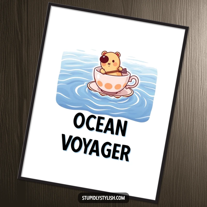 Funny poster: hot dog paddling a teacup across a vast ocean, whimsical and humorous wall decor.