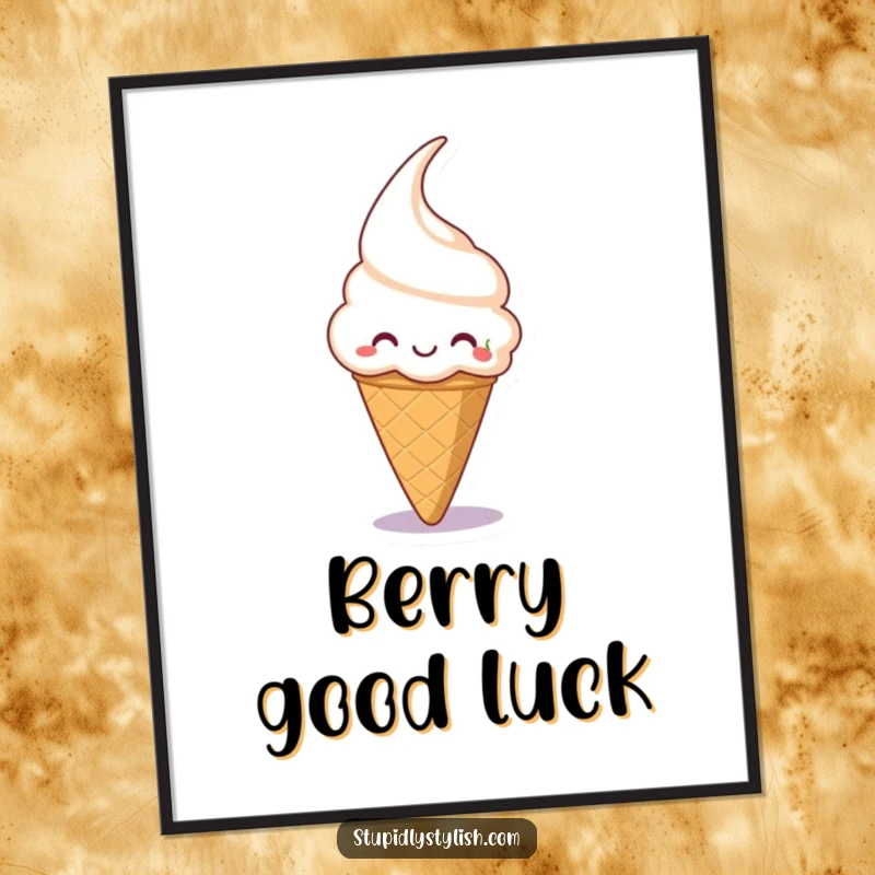 Funny poster print of a silly, grinning ice cream cone trying to catch a falling cherry, perfect for dessert-themed decor.