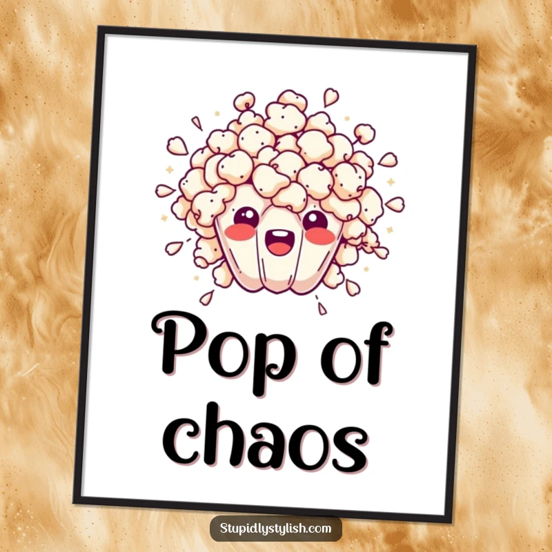 Funny poster print of a popcorn kernel exploding outwards, representing overwhelming feelings and stress, great wall art.