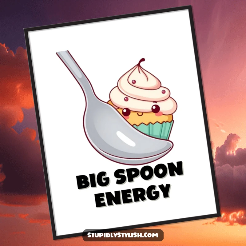 Funny cupcake poster print of a shy cupcake hiding behind a giant spoon, adding a cute and humorous visual to any wall.