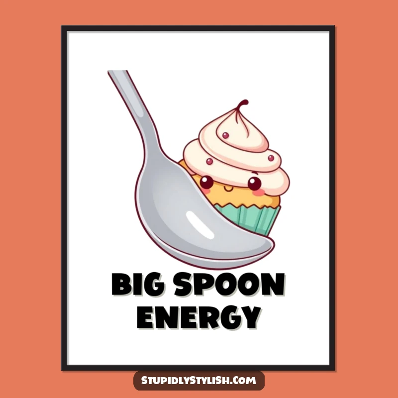 Funny Shy Cupcake Poster - Hiding Behind Spoon Wall Art