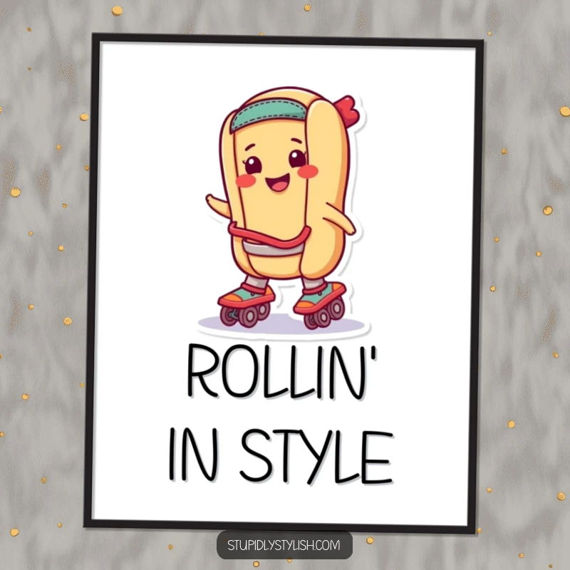 Funny Poster: A hot dog smiling while wearing roller skates, ready to roll, delightful wall art.