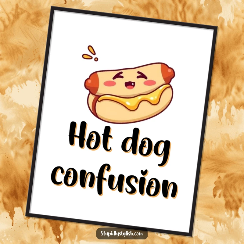 Funny poster print of a hot dog looking confused in its bun, creating a humorous and thought-provoking display.