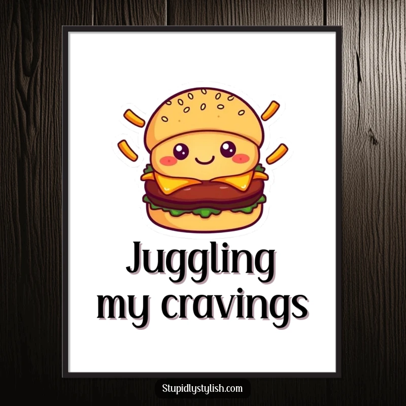Cute, smiling burger character juggling a pile of falling french fries, perfect for wall art that brings food-themed humor.
