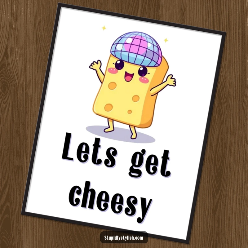 Funny poster art of a cheese character dancing under a disco ball, creating a lively and humorous atmosphere.