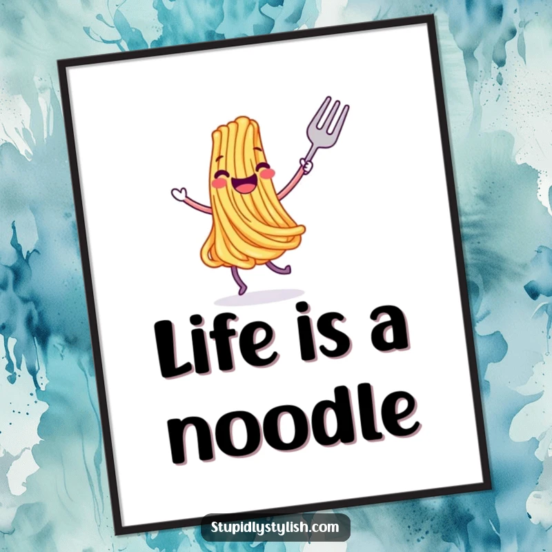 Funny poster depicting a cheerful, dancing spaghetti strand with a fork, bringing vibrant food-related humor to any room.