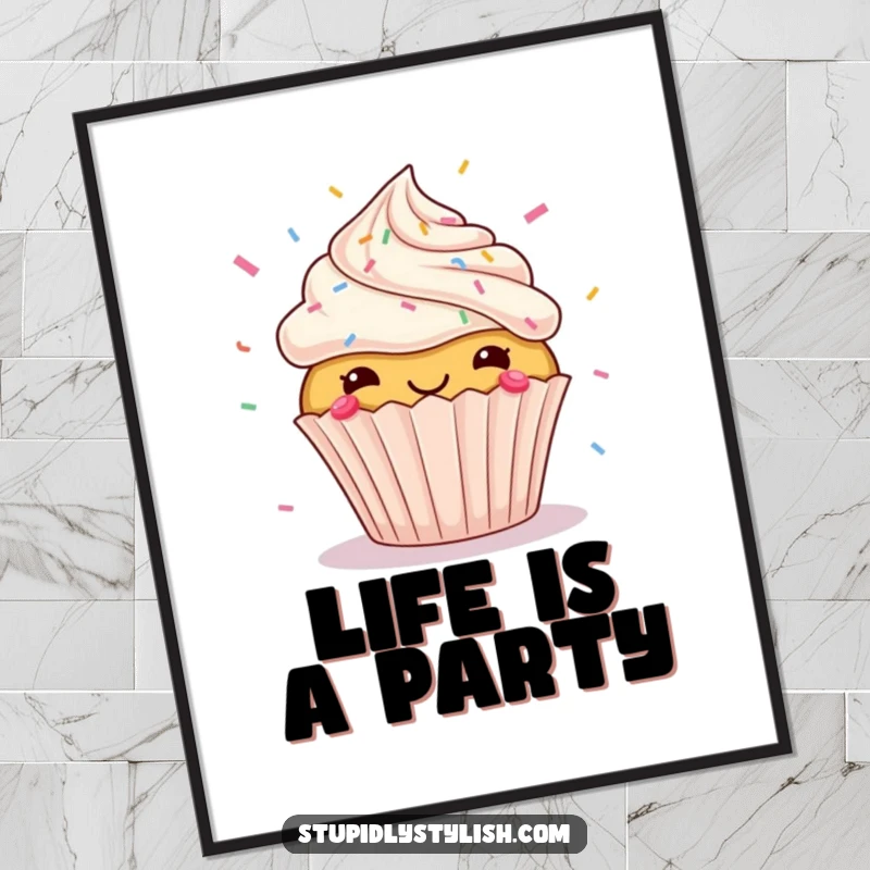Funny poster featuring a euphoric cupcake with colorful sprinkles joyfully flying outwards, creating a dynamic and humorous piece of wall art.