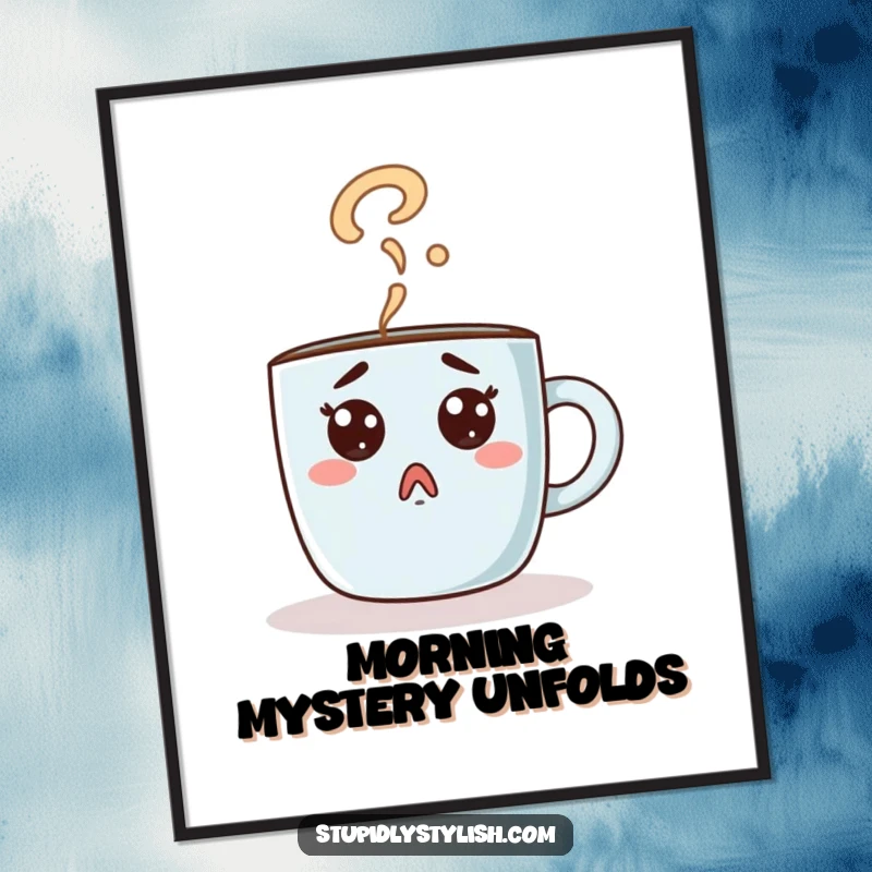 Funny poster of a surprised coffee mug, steam elegantly forming a question mark. Quirky wall art.