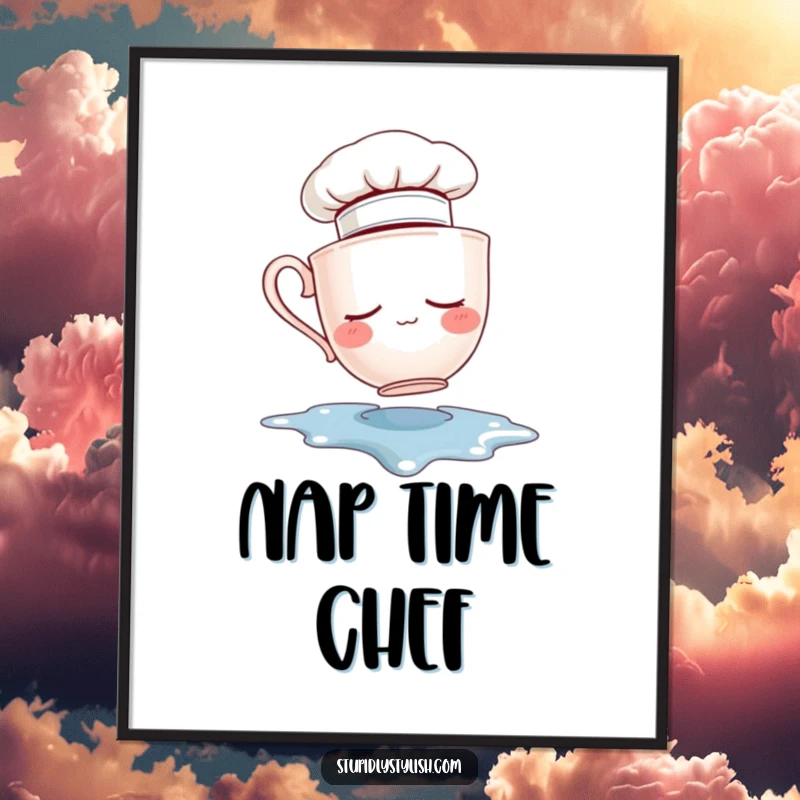 Funny poster print of a sleepy teacup chef hat falling into a puddle. Whimsical and humorous wall art.
