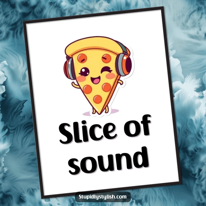 Funny poster art of a giggling pizza slice wearing headphones, radiating joy and a love for music.