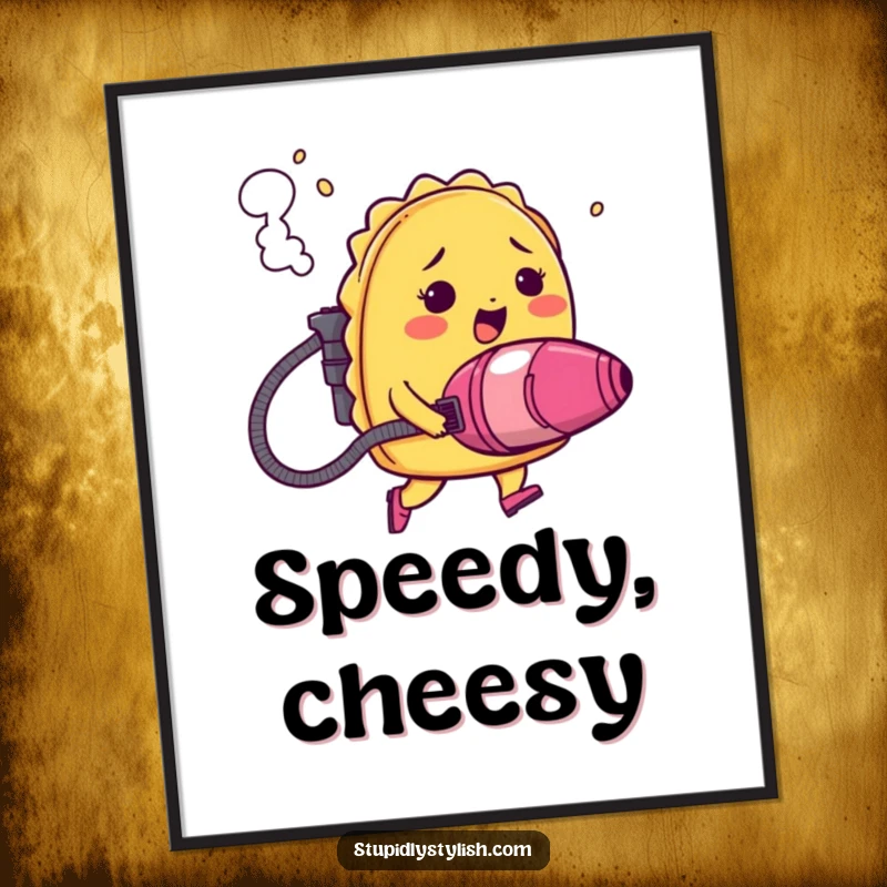 Funny poster art of a blushing taco using a vacuum cleaner as a jetpack, with smoke billowing, a comical and vibrant food depiction.