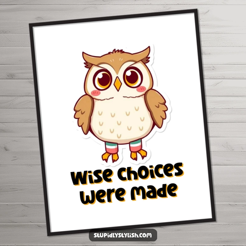 Funny owl poster print of an owl looking utterly surprised by its own mismatched socks, adding a comical touch to decor.