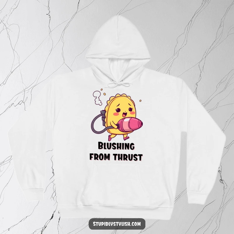 Funny hoodie design featuring a blushing taco with a vacuum cleaner jetpack, emitting smoke in a hilarious, adventurous escape.