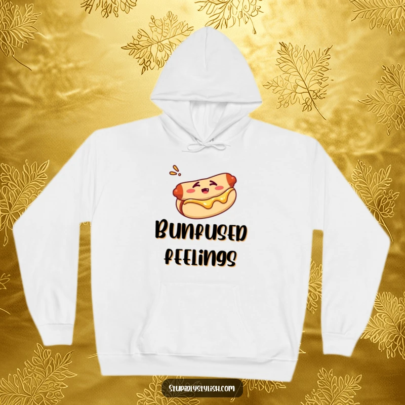 Funny hoodie showing a hot dog looking bewildered inside its bun, perfect for cozy wear and expressing confusion.