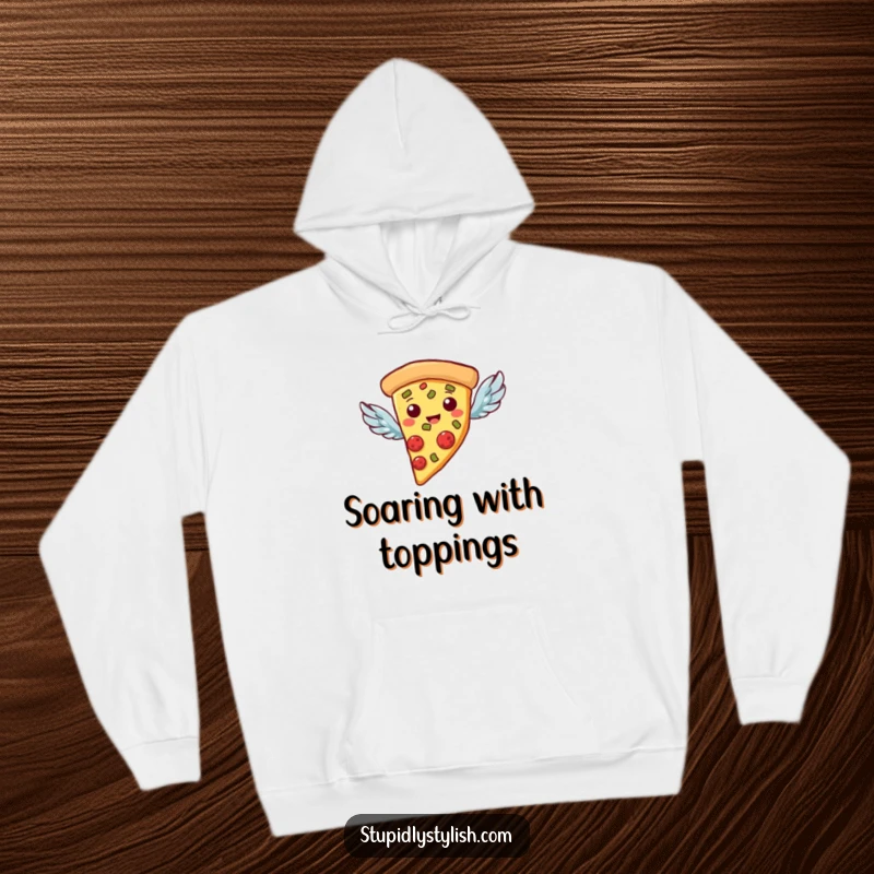 Funny Hoodie: A pizza slice with tiny wings, flying joyfully, perfect for comfort and humor.