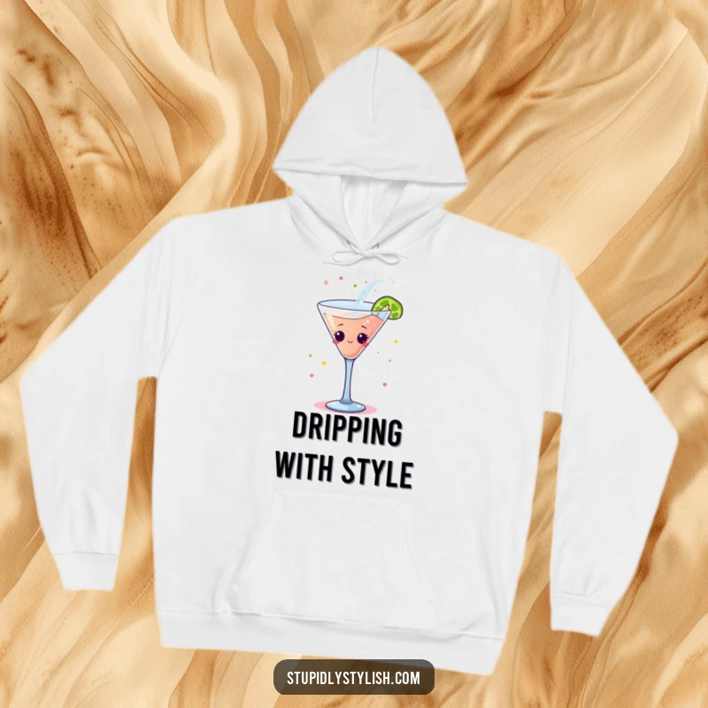 Funny hoodie: A dancing cocktail glass character adorned with shimmering glitter, providing warmth and festive cheer.