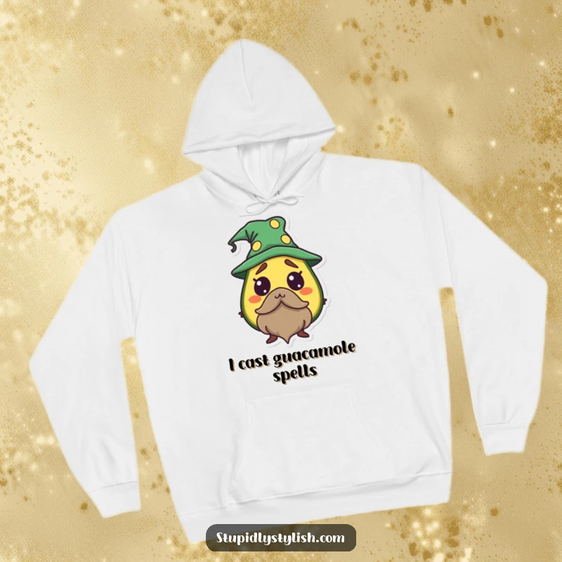 Funny Avocado Wizard Hoodie featuring a startled avocado as a wizard, offering warmth and magical charm.