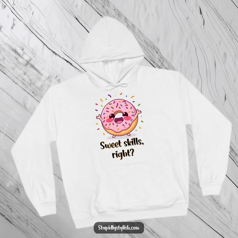 Funny Hoodie showcasing an excited donut juggling sprinkles, offering cozy comfort and a visually delightful, sweet-themed design.