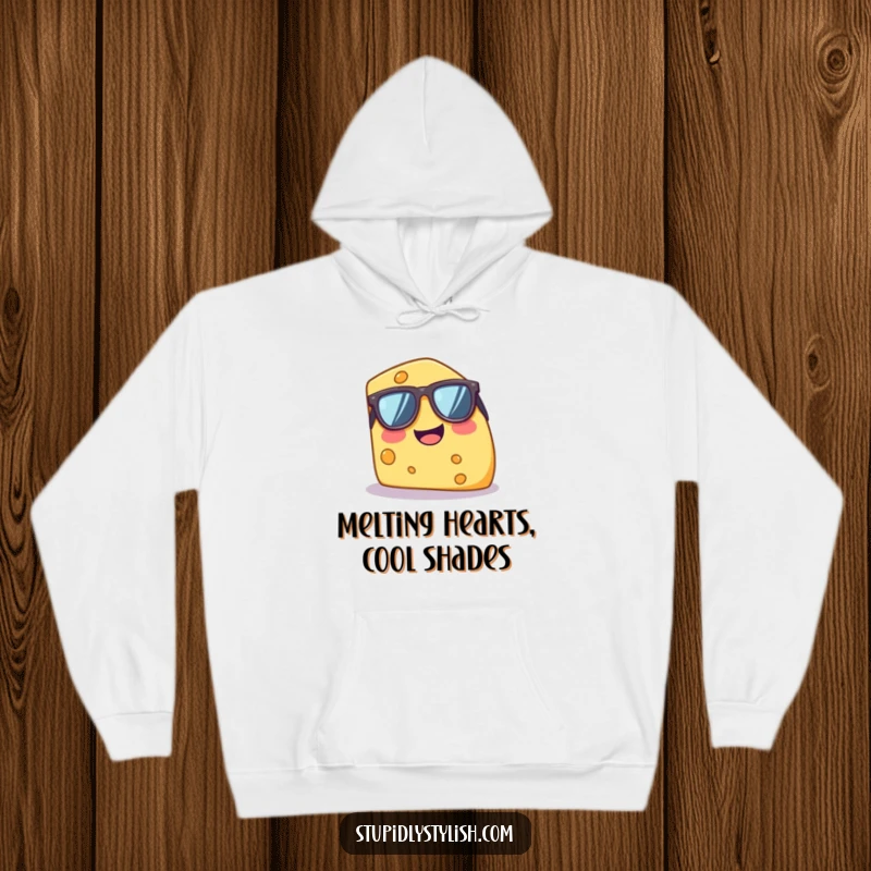 Funny hoodie featuring a happy, giggling cheese wedge wearing cool, oversized sunglasses, perfect for cozy and humorous wear.