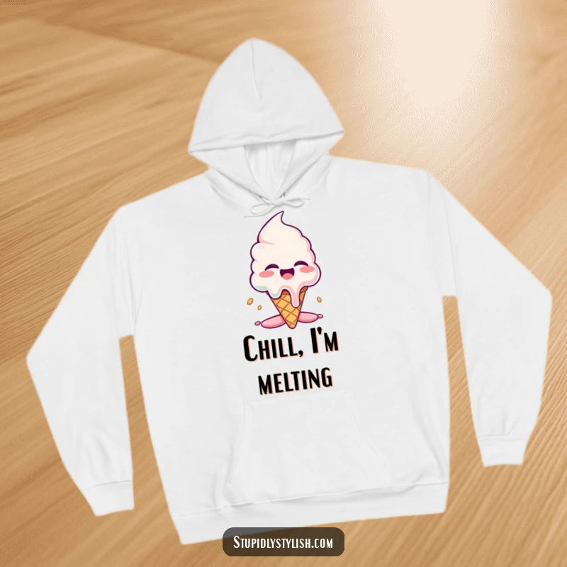 Funny hoodie: A giggling ice cream cone character in a state of dramatic melting, offering cozy warmth and humor.