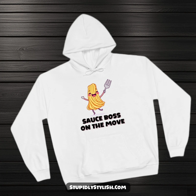 Funny hoodie featuring a happy, dancing spaghetti strand with a fork, designed for cozy nights and humorous food lovers.