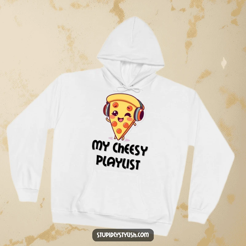 Funny hoodie featuring a giggling pizza slice character with headphones, perfect for music lovers and pizza enthusiasts.