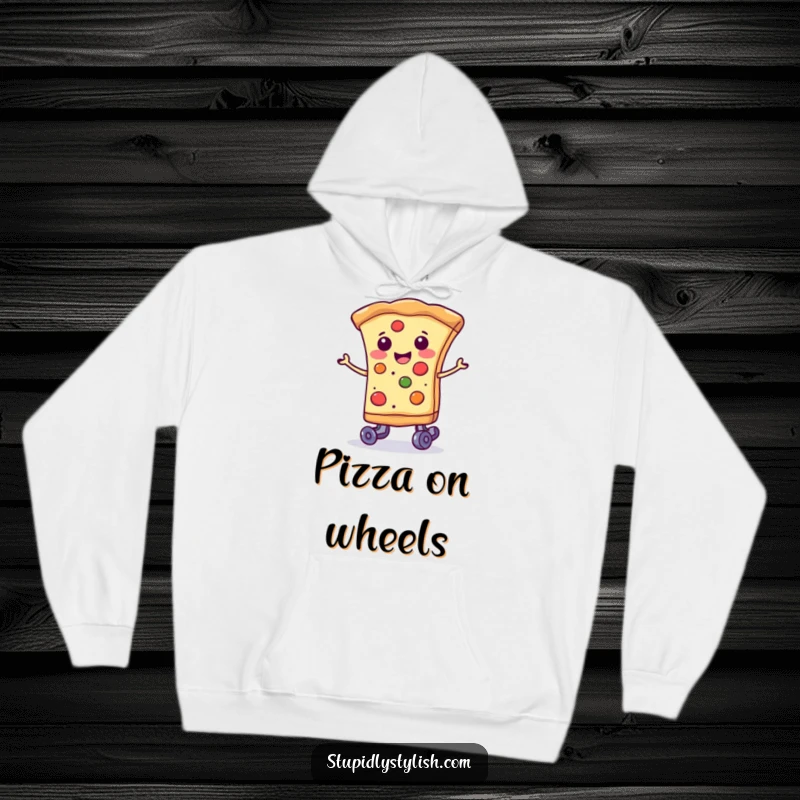 Funny smiling slice of pizza wearing tiny roller skates, a comfortable and humorous hoodie for food lovers.