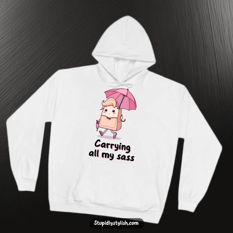 Funny hoodie featuring a sassy handbag character confidently strutting with a tiny, matching umbrella, offering cozy chicness.