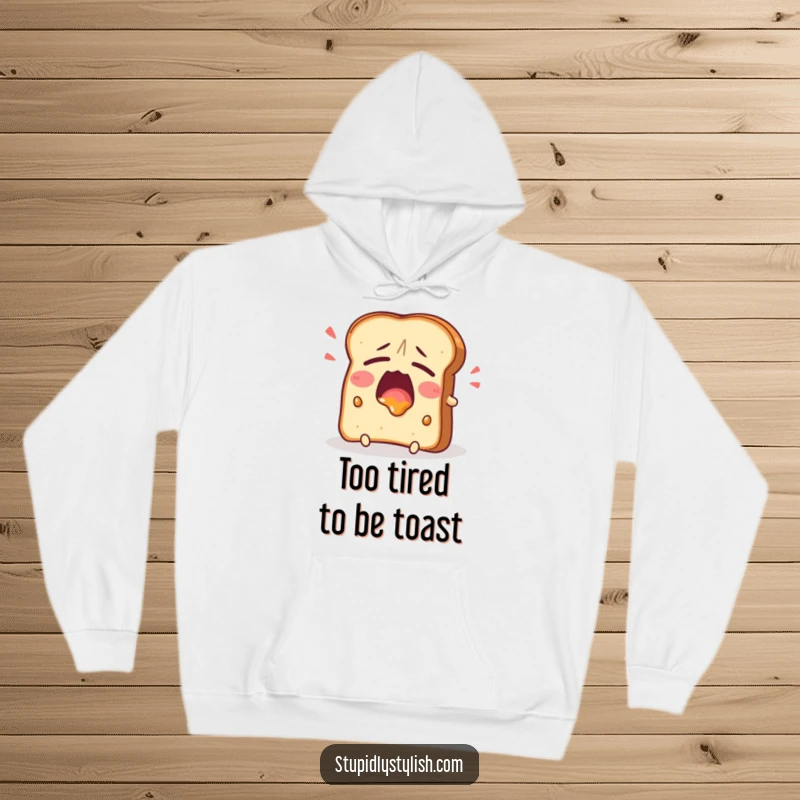 Funny Hoodie depicting a tired toast character yawning widely with jam, offering cozy comfort and a humorous, relatable visual for sleepy mornings.