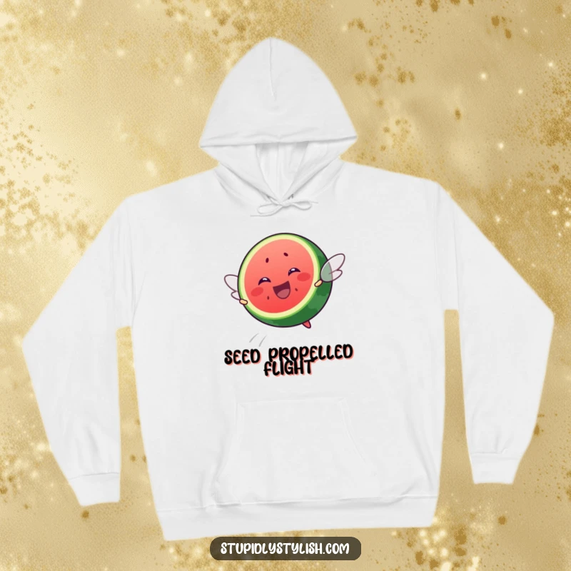 Funny hoodie illustration of an ecstatic watermelon slice mid-air, striving to achieve flight with a huge, happy grin.