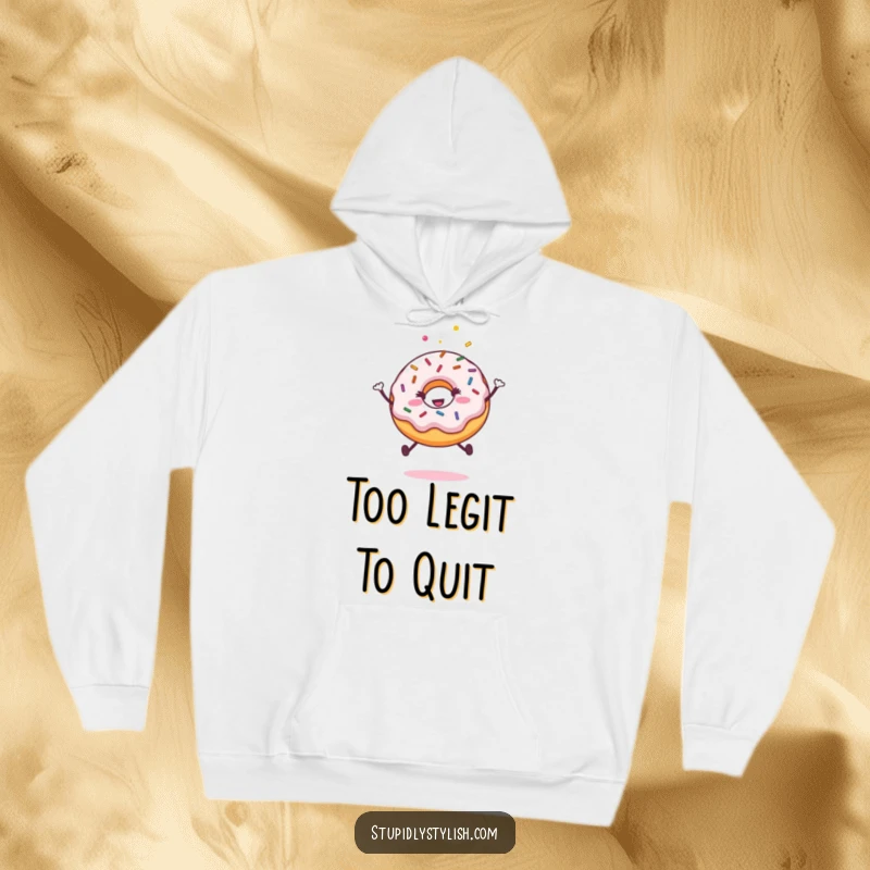 Funny hoodie depicting a gleeful donut covered in sprinkles caught in an energetic, happy jump, symbolizing sweet excitement.