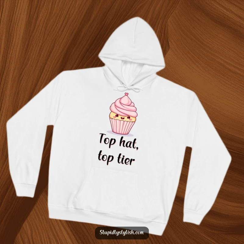Funny hoodie showing a proud cupcake with a tiny top hat, perfect for cozying up with sophisticated dessert humor.
